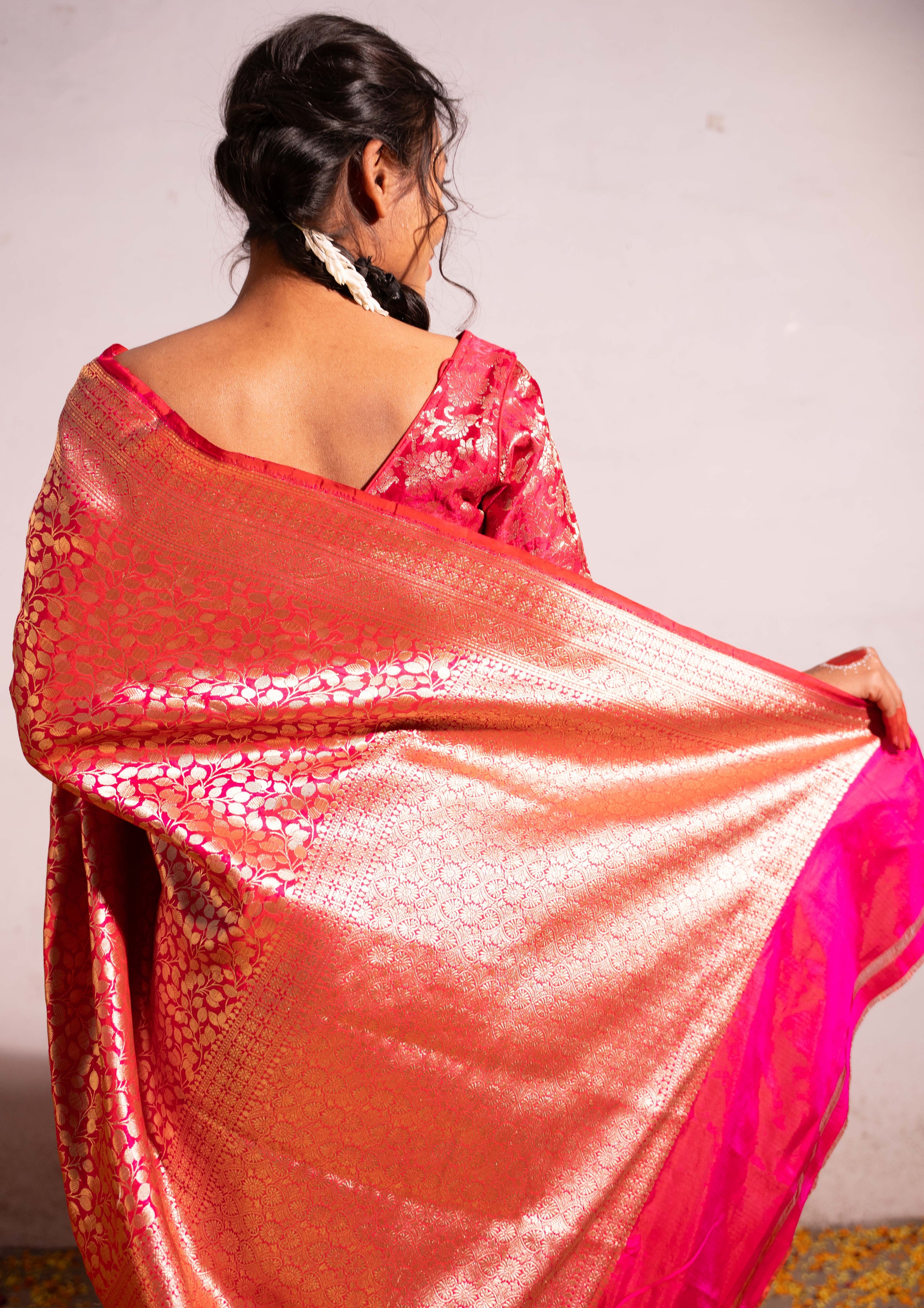 ‘Madhavi’ Red pink Kadhua Pure Katan Silk Banarasi Handloom Saree