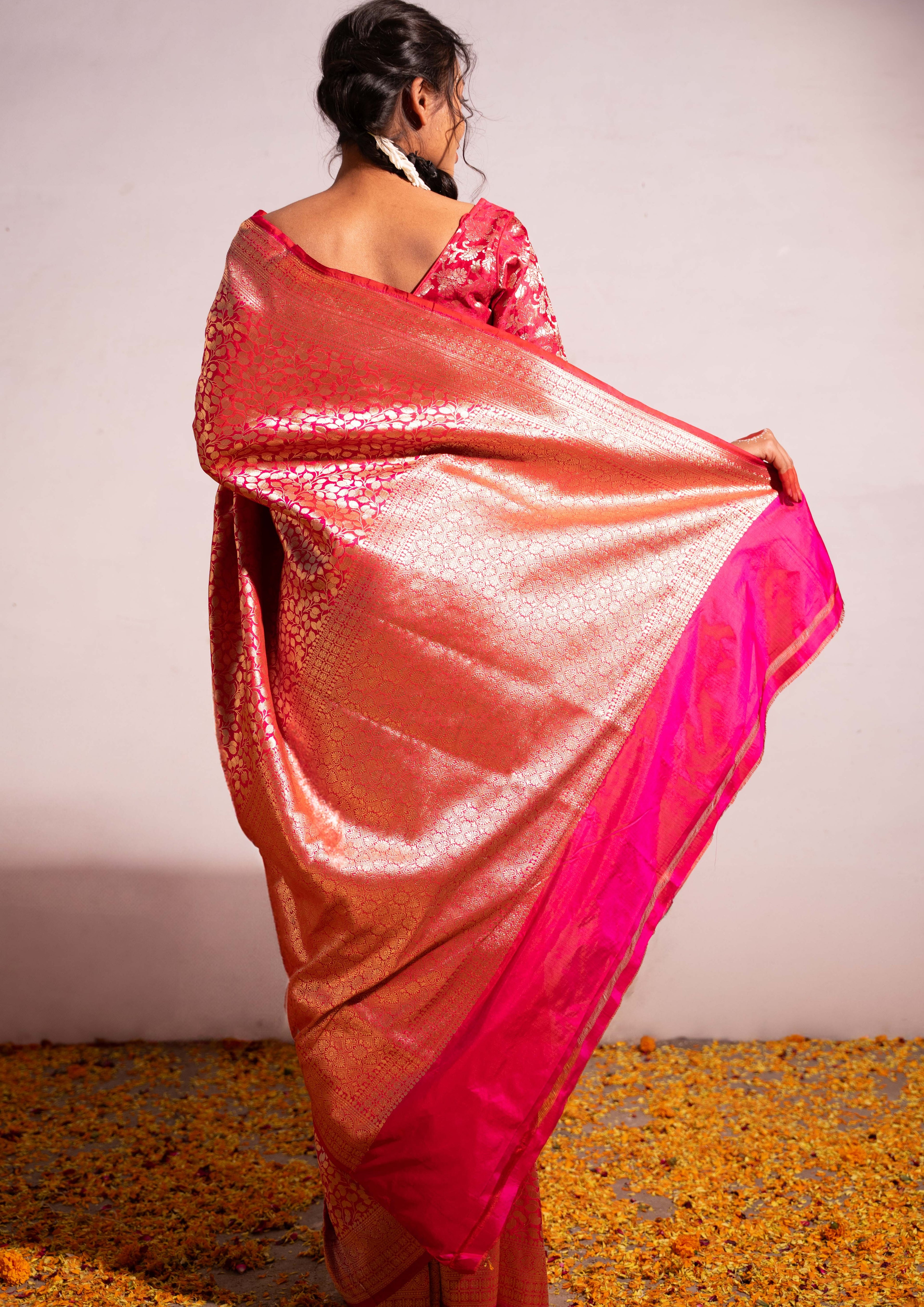 ‘Madhavi’ Red pink Kadhua Pure Katan Silk Banarasi Handloom Saree