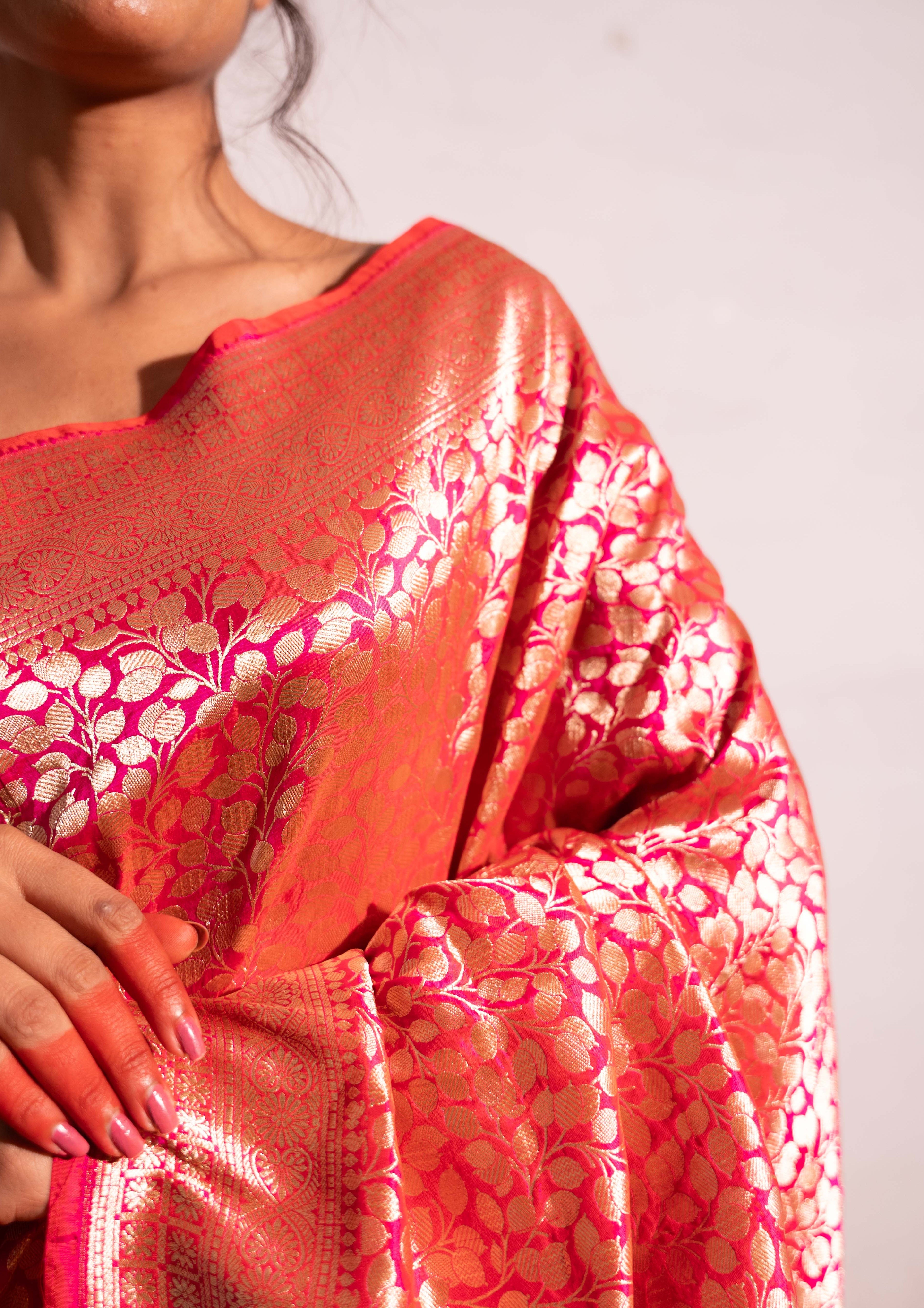 ‘Madhavi’ Red pink Kadhua Pure Katan Silk Banarasi Handloom Saree