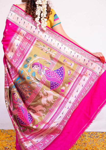 ‘Rukmini’ Pink Kadhua Pure Katan  Silk Banarasi Handloom Saree