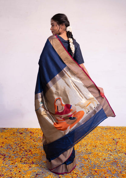 ‘Vaidehi’ Navy Blue Kadhua Pure Katan  Silk Banarasi Handloom Saree