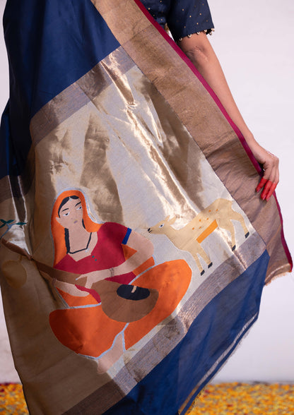 ‘Vaidehi’ Navy Blue Kadhua Pure Katan  Silk Banarasi Handloom Saree