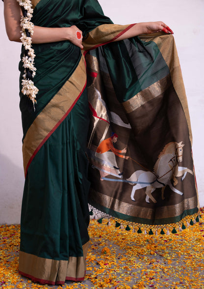‘Keshavi’ Dark Green Kadhua Pure Katan  Silk Banarasi Handloom Saree