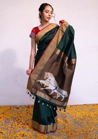 ‘Keshavi’ Dark Green Kadhua Pure Katan  Silk Banarasi Handloom Saree
