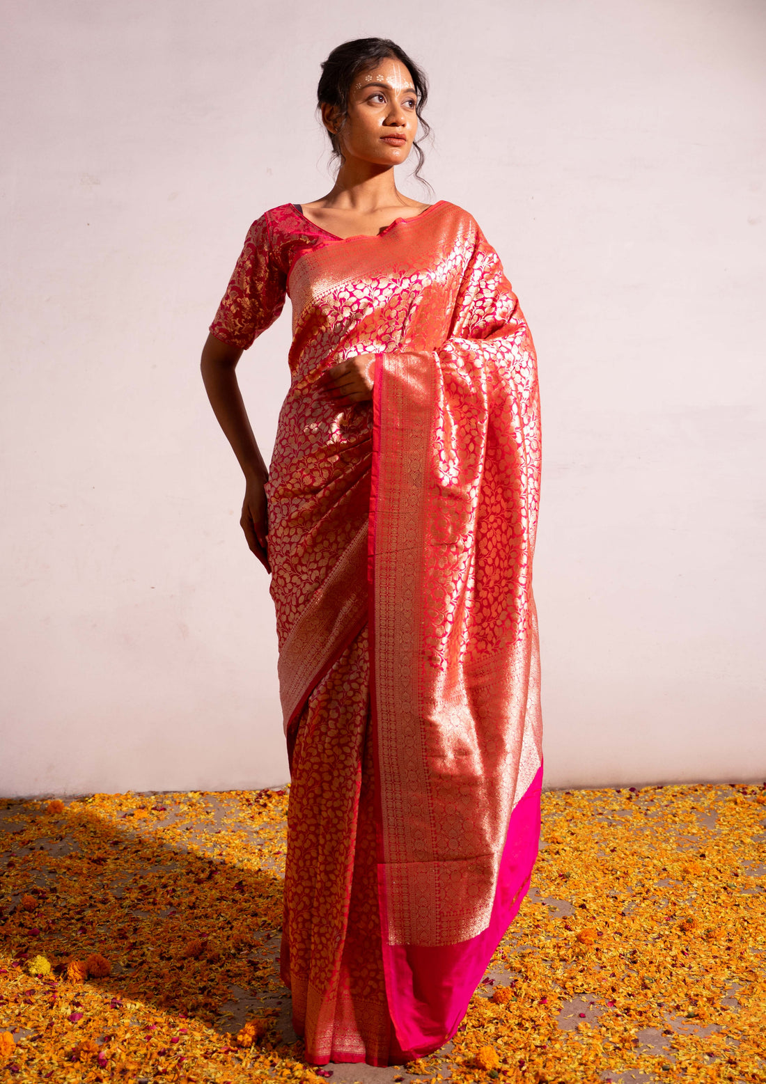 ‘Madhavi’ Red pink Kadhua Pure Katan  Silk Banarasi Handloom Saree