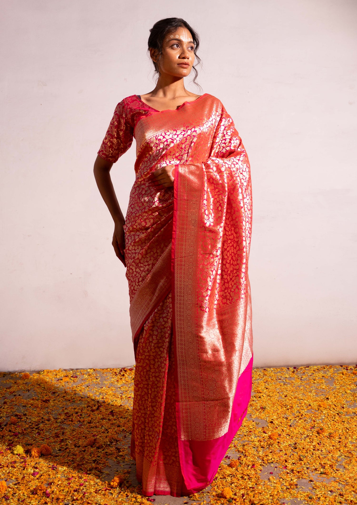 ‘Madhavi’ Red pink Kadhua Pure Katan  Silk Banarasi Handloom Saree