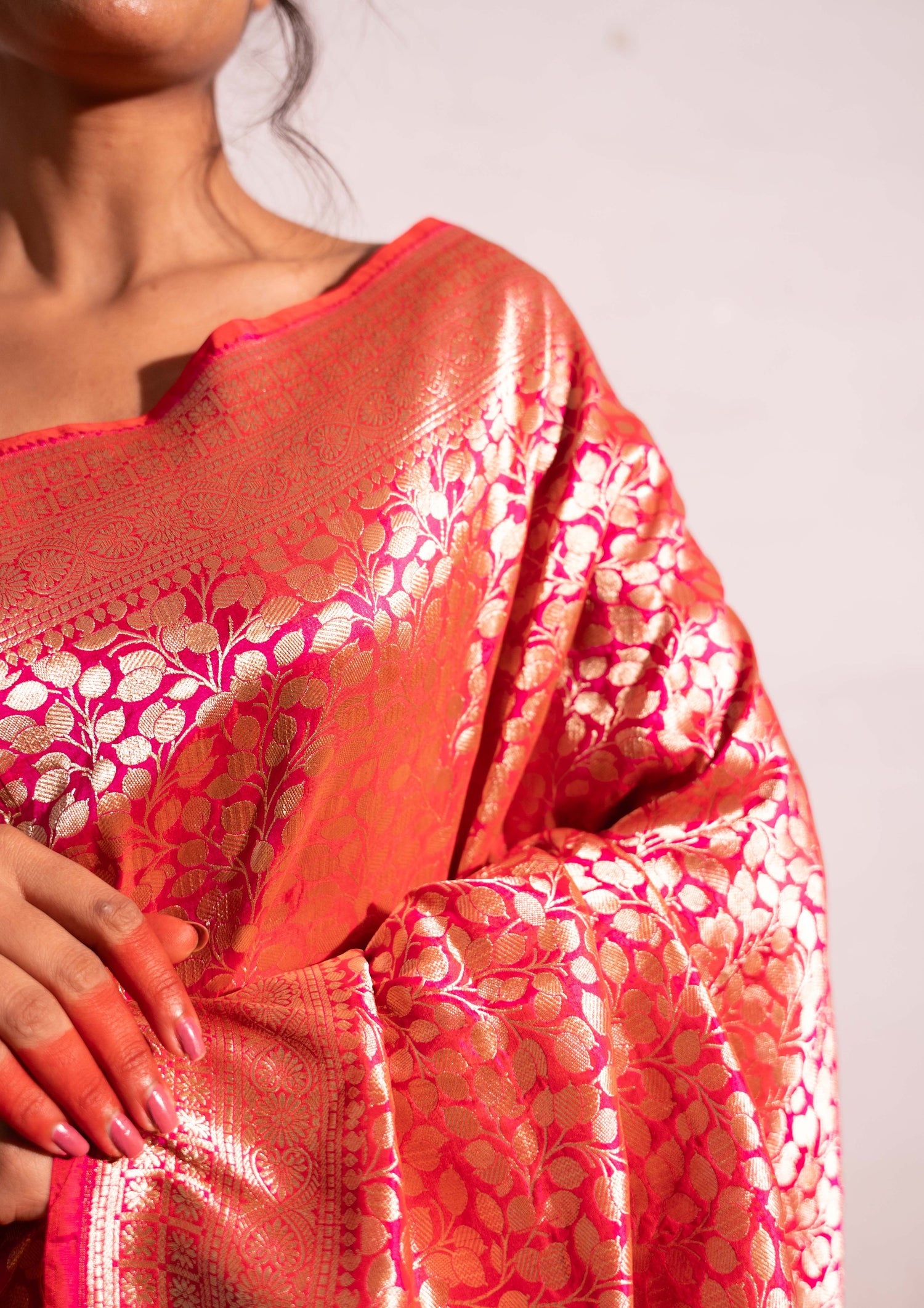 ‘Madhavi’ Red pink Kadhua Pure Katan  Silk Banarasi Handloom Saree