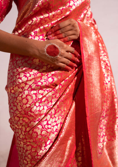 ‘Madhavi’ Red pink Kadhua Pure Katan  Silk Banarasi Handloom Saree
