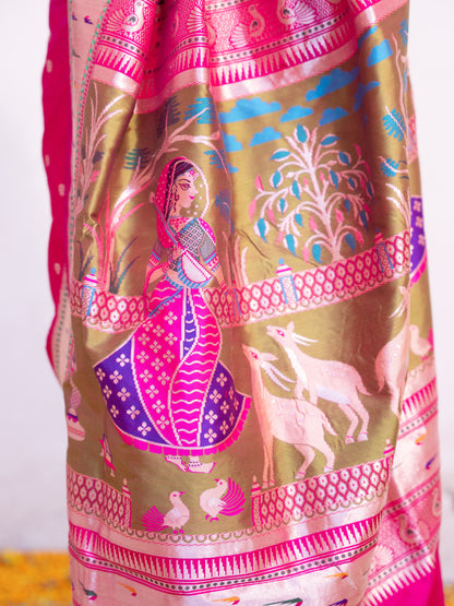 ‘Rukmini’ Pink Kadhua Pure Katan  Silk Banarasi Handloom Saree