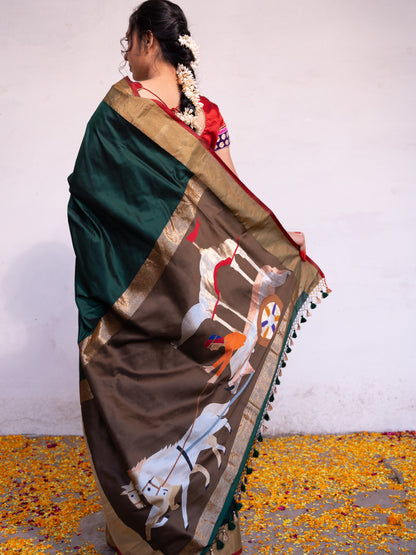 ‘Keshavi’ Dark Green Kadhua Pure Katan  Silk Banarasi Handloom Saree