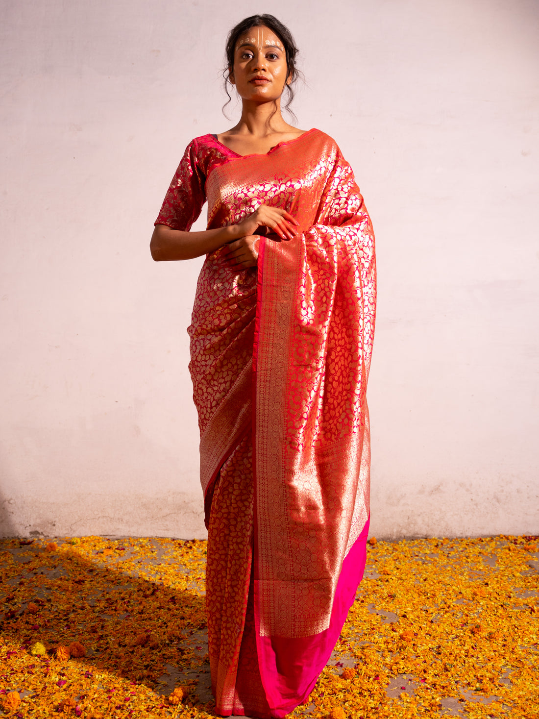 ‘Madhavi’ Red pink Kadhua Pure Katan  Silk Banarasi Handloom Saree