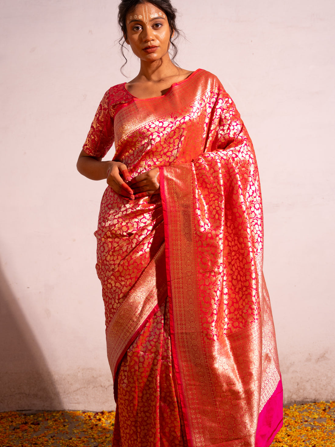 ‘Madhavi’ Red pink Kadhua Pure Katan  Silk Banarasi Handloom Saree