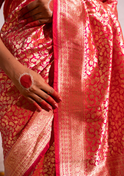 ‘Madhavi’ Red pink Kadhua Pure Katan  Silk Banarasi Handloom Saree