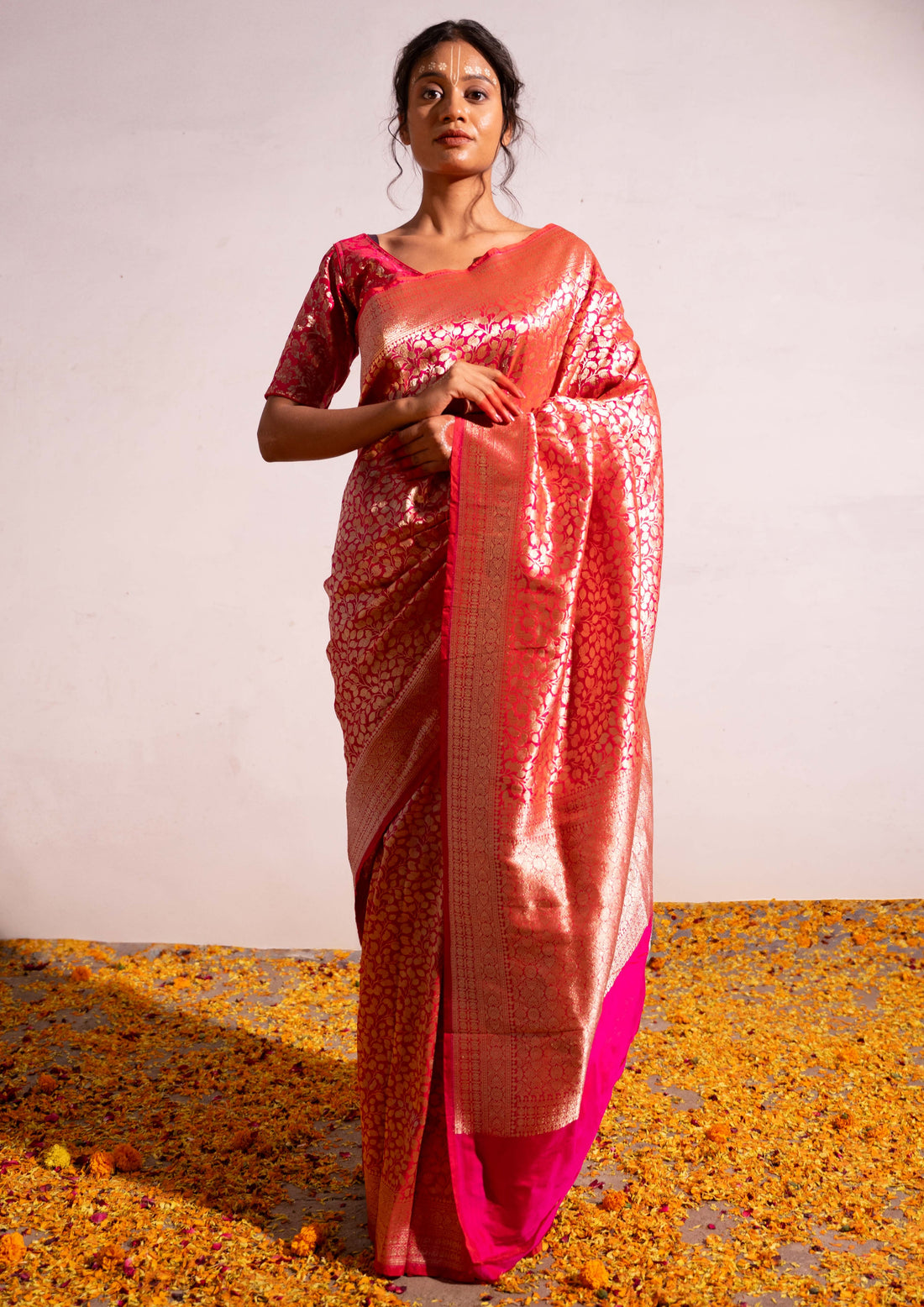 ‘Madhavi’ Red pink Kadhua Pure Katan  Silk Banarasi Handloom Saree